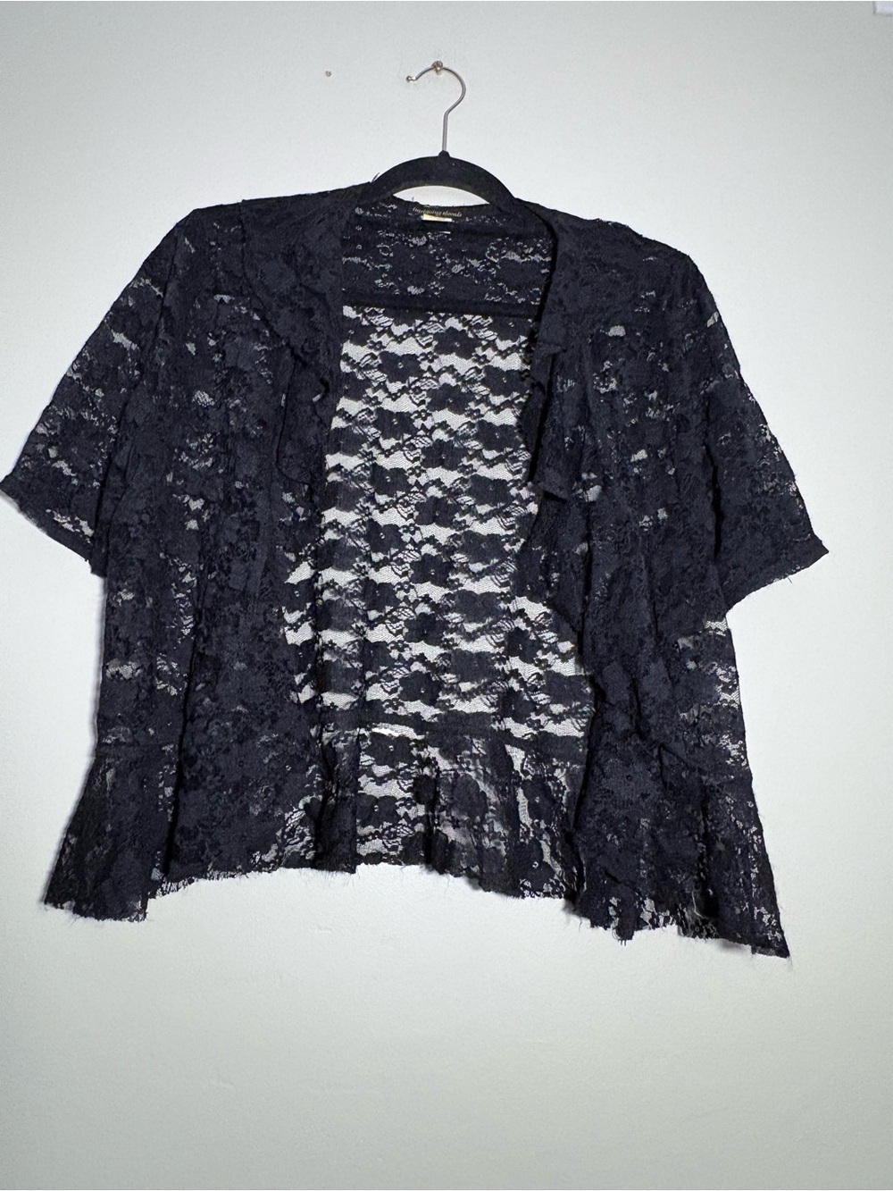 Intriguing Threads Black Sheer Lace Cardigan Shrug Floral Stretch Made in USA 1X